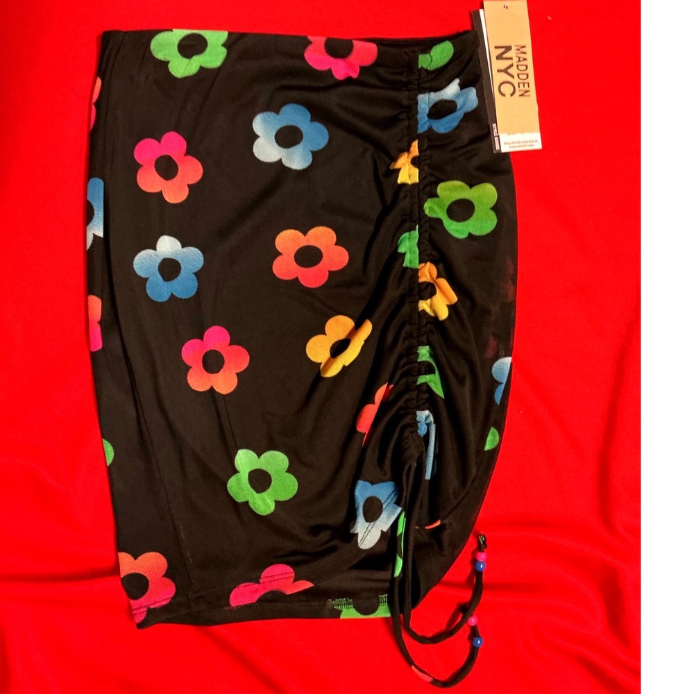 Madden NYC Mini Skirt Women XS Floral Ruched Mesh NWT Side‎ Tie Beaded NB097AB03